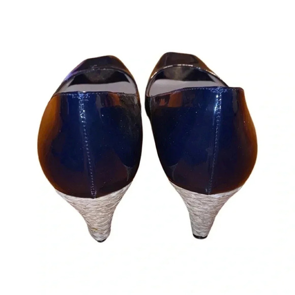 LK Bennett Navy Blue Edee Patent Leather Peep Toe Wedges Size 39.5 - Picture 2 of 7